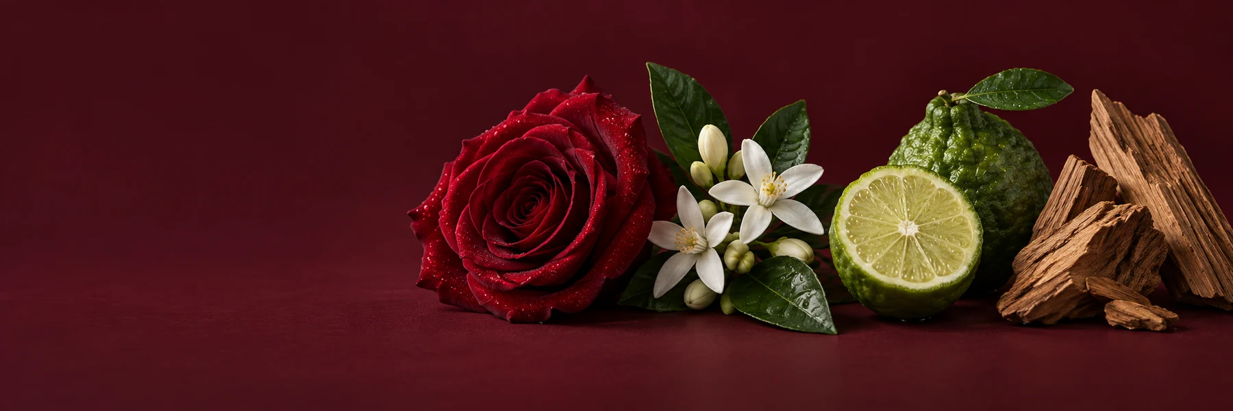 Rosa, flor de azahar, bergamota y madera de cedro sobre fondo burdeos