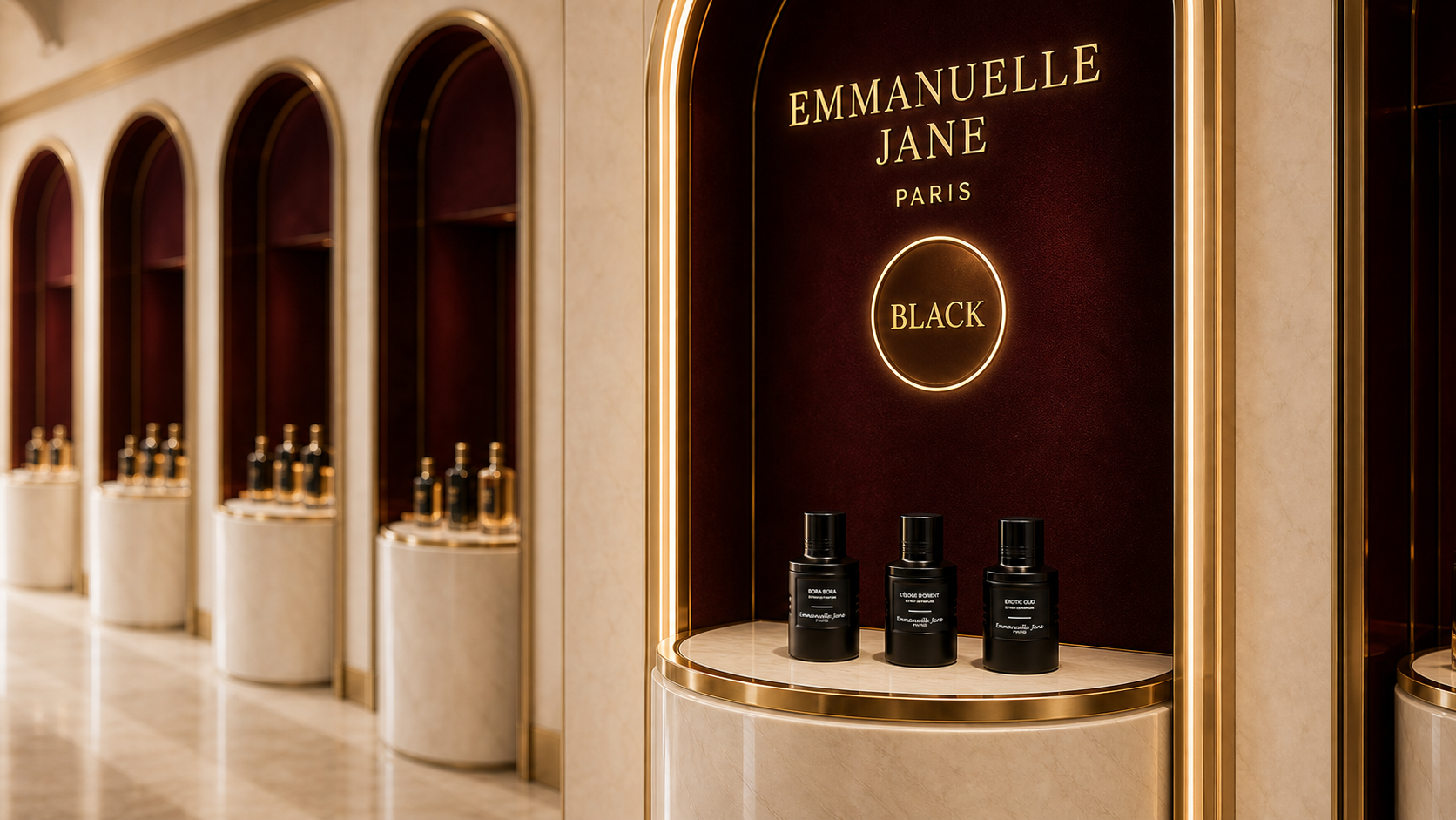 Emmanuelle Jane Paris, colección Black: tres pequeños frascos negros bajo un medallón iluminado en una alcoba burdeos