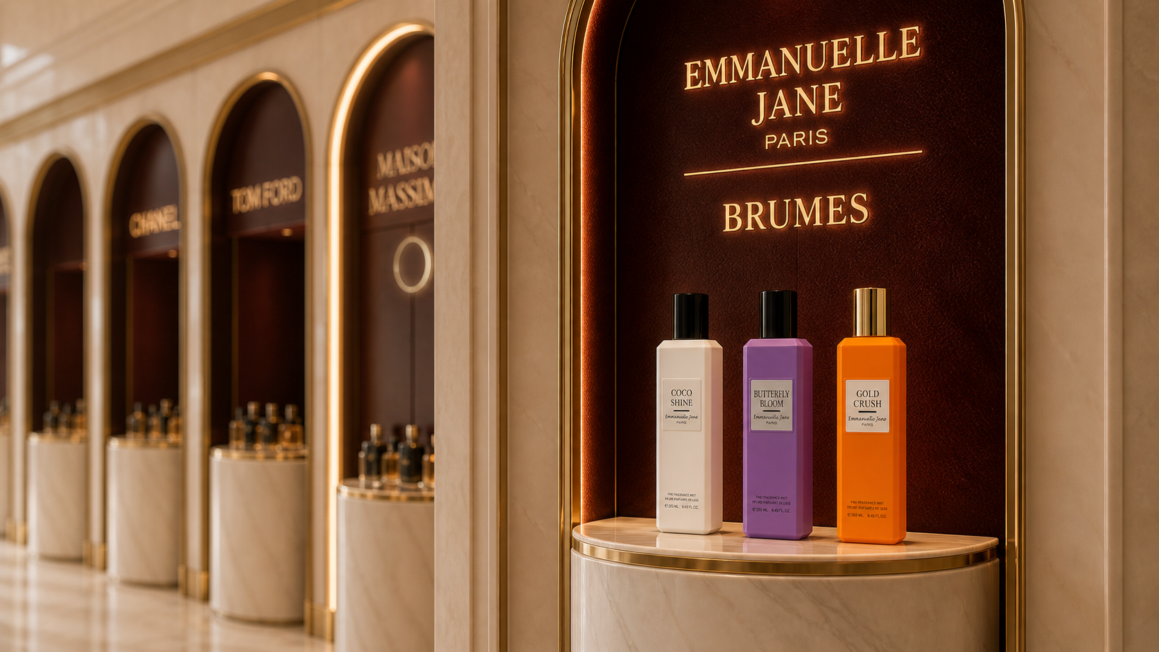 Emmanuelle Jane Paris, Brumes: Coco Shine, Butterfly Bloom y Gold Crush en su alcoba de mármol