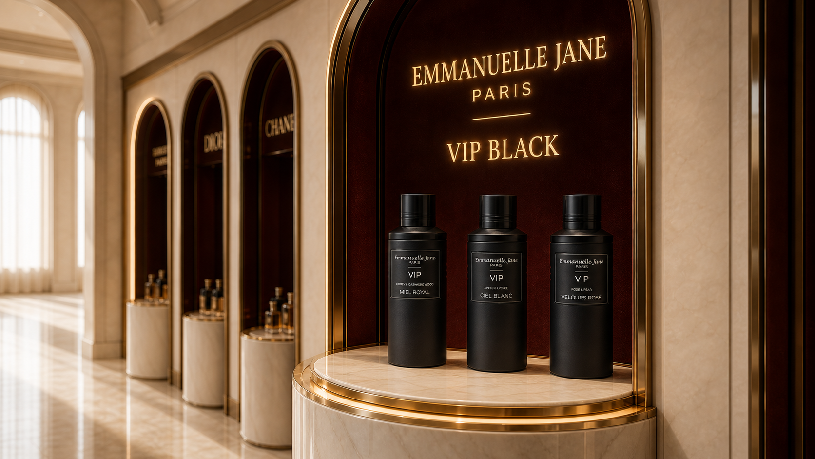 Emmanuelle Jane Paris, VIP Black: tres frascos negros Miel Royal, Ciel Blanc y Velours Rose sobre una repisa de mármol