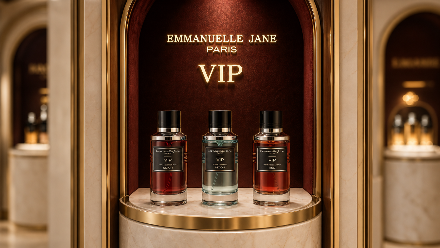 Emmanuelle Jane Paris, VIP: tres frascos Elixir, Moon y Red expuestos en una alcoba burdeos y dorada