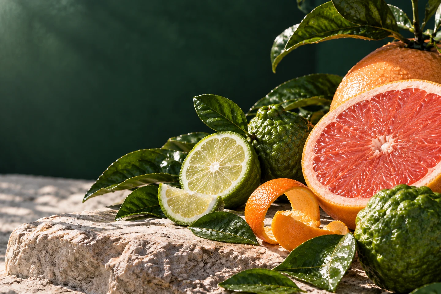 Pulpa de pomelo, bergamota y cáscaras cítricas sobre una piedra clara